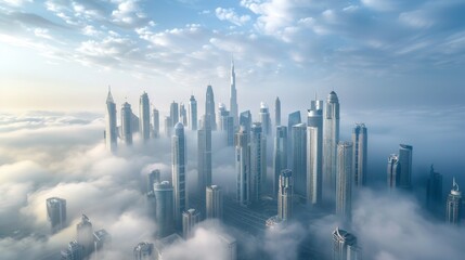 A panoramic view of a city skyline with skyscrapers reaching towards the clouds, representing the economic prowess and growth of a metropolis.