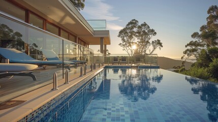Modern glass balustrades by the swimming pool with stainless steel spikes. Generative AI.