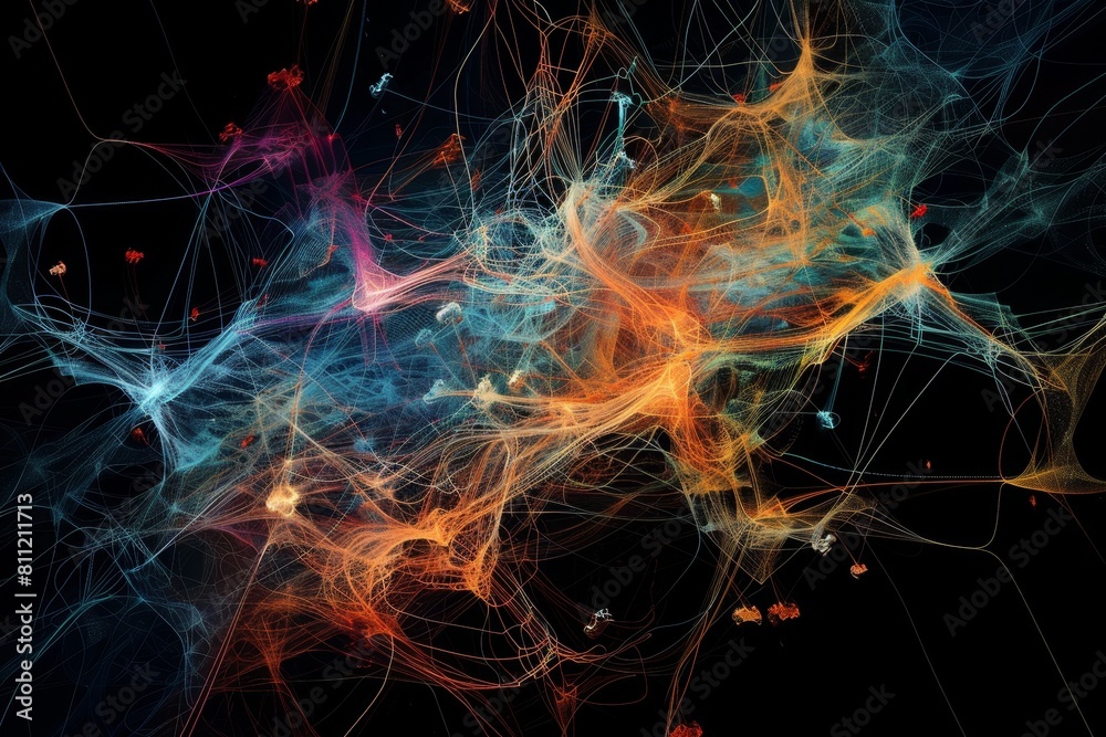 Poster colorful lines intersect and overlap in a dynamic computer-generated image, a futuristic visualizati