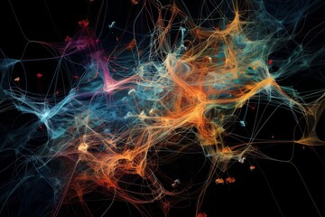 Colorful lines intersect and overlap in a dynamic computer-generated image, A futuristic visualization of network dynamics
