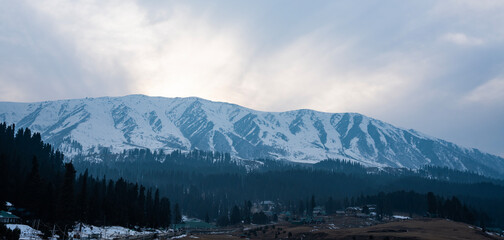 Panoramic view of winter mountain landscape, Beautiful snow covered mountain range in Sonamarg Kashmir