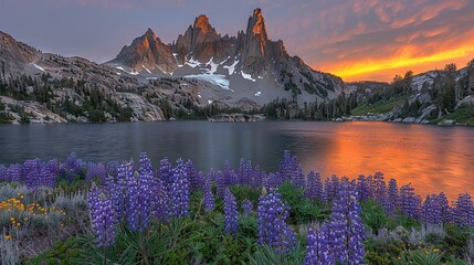 Naklejka premium A breathtaking view of a mountain lake with vibrant purple flowers in the foreground and majestic snow-capped peaks in the backdrop