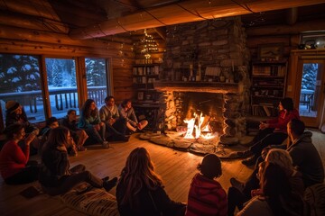 Family and friends sitting together around a crackling fireplace, enjoying the warmth and company, A gathering of family and friends around a crackling fireplace, sharing stories and laughter