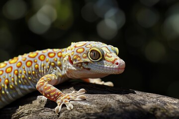 Naklejka premium A vibrant gecko with intricate patterns sits on top of a tree branch, A gecko with intricate patterns on its skin, basking in the sun