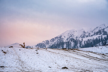 Beautiful winter mountain landscape scenery, Snow covered mountain with alpine trees shot from Gulmarg Kashmir, India winter tourism concept image