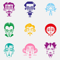 A set of faces, avatars with different colors and styles. The faces are all unique, with some having more detail than others. Game, NFT avatars.