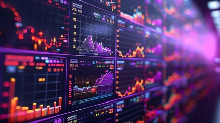 Closeup of multiple computer monitors displaying realtime market data in vibrant neon colors on the screen. The dynamic graphs and charts show financial data in real time. Generative AI.