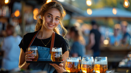 A waiter who is also a beautiful young female wearing a professional elegant blue gilet and a black shirt, holding a tray with glass of fresh dripping beer. Generative AI.