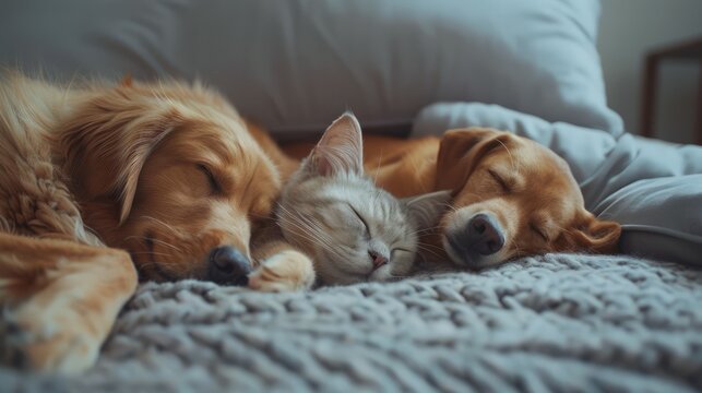 cat and lifestyle a dog are sleeping together funny video. cat and dog friendship indoors . pets friendship and love cat and dog hyper realistic 