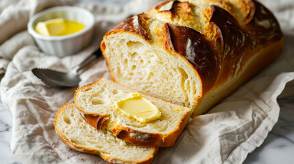 A freshly baked loaf of sourdough bread, partially sliced with butter on the side and spread onto one slice, placed on an elegant linen cloth.