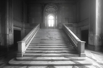 A Black and White Photo of a Large Staircase,
Arafed staircase leading to a set of stairs in a building