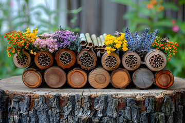 A Natural Wood Insect Hotel or Bee Hotel Filled,
Wooden garden insect home in garden