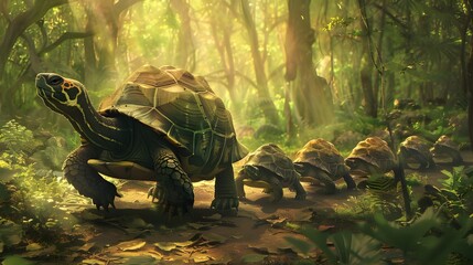One large turtle leads the other small turtles in the forest. Leading the team leadership concept 
