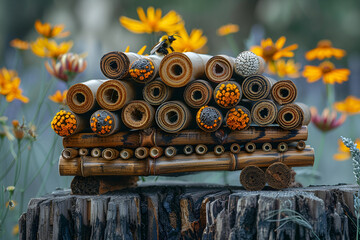 A Natural Wood Insect Hotel or Bee Hotel Filled,
Macro shot of insectfriendly materials inside the bug hotel
