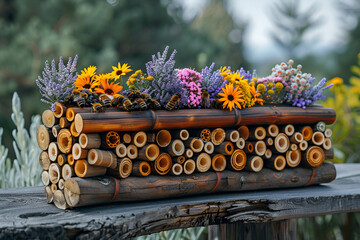 A Natural Wood Insect Hotel or Bee Hotel Filled,
Beautiful flowers grows on a tree stump. Garden decoration
