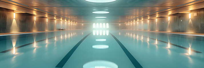 An Image of an Empty Indoor Swimming Pool,
An empty swimming pool captured in symmetrical harmony with the quiet stillness of the water
