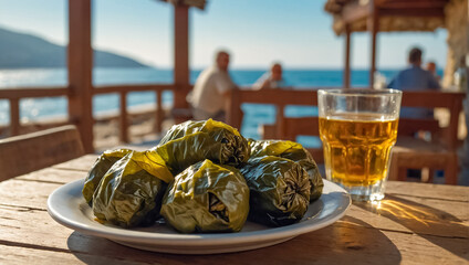 Appetizing  traditional  dolma in a plate in a tavern against the backdrop of the sea