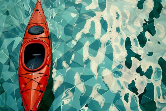 A red kayak peacefully floats atop calm water, A geometric pattern inspired by the shape and movement of a kayak on water - Powered by Adobe