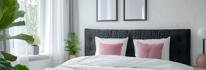 panoramic shot of modern bedroom interior design, 3d rendering