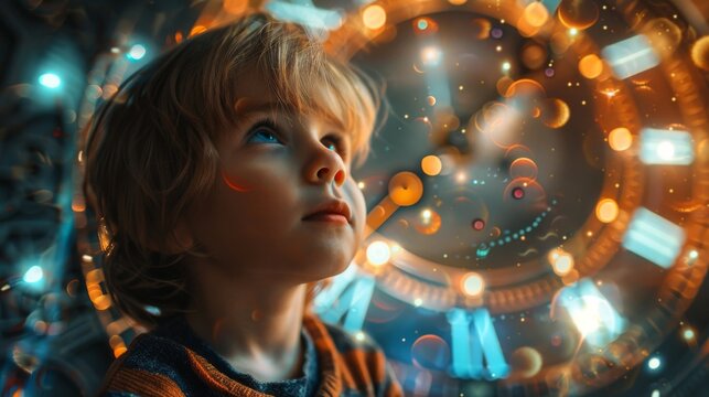 Little boy with big glowing clock in mysterious magic interior. The kid dreams of managing time to bring the festive moment closer. Cute child waiting for the holiday.
