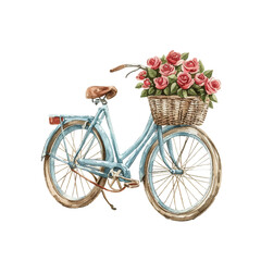 Fototapeta na wymiar bike with basket full of roses vector illustration in watercolor style
