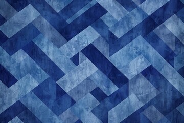 Blue background featuring a pattern of squares arranged in a geometric design, A geometric pattern of overlapping blue shapes on a textured blue background