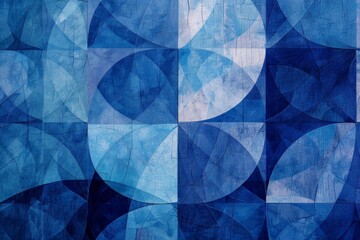 Obraz premium Abstract painting featuring overlapping circles on a blue background, A geometric pattern of overlapping blue shapes on a textured blue background