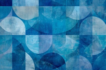 Painting featuring blue and white circles overlapping on a blue background, A geometric pattern of overlapping blue shapes on a textured blue background