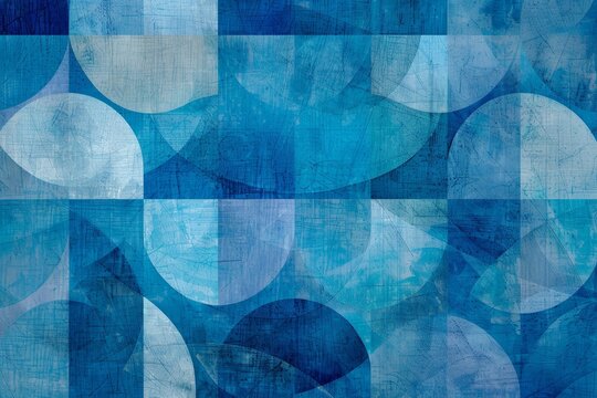 Painting featuring blue and white circles overlapping on a blue background, A geometric pattern of overlapping blue shapes on a textured blue background