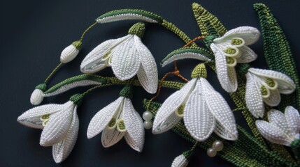 Detailed embroidery of snowdrop flowers, using colorful threads, beads and French knots. hyper realistic 