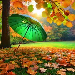 autumn leaves in the park.the beauty of autumn, featuring a scenic landscape with a carpet of fallen orange leaves in a park and a vivid green umbrella adding contrast to the scene. The leaves dance g