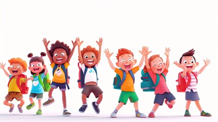 happy kids before going back to school cartoonish illustration