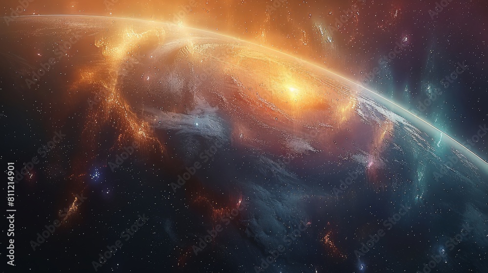 Wall mural Outer space, mysterious planet with landmasses, seas, billowing clouds, vibrant colors, light, aura in the background, stars. Generative AI.