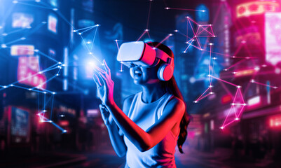 Smart female standing in cyberpunk style building in meta wear VR headset connecting metaverse,...