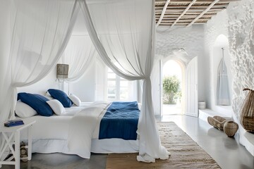 white bedroom with canopy bed, concrete floor and walls, blue accents, in the style modern day design