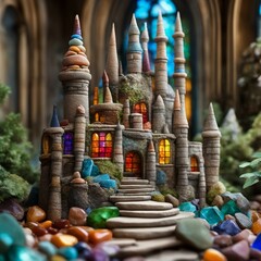 Visualize a fantastical castle landscape made of tiny stones, crystals, and gemstones, arranged to depict majestic towers, winding staircases, and colorful stained glass windows.