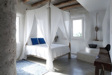 white bedroom with canopy bed, concrete floor and walls, blue accents, in the style modern day design