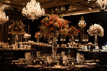 A luxurious table adorned with a vase of flowers and lit candles, creating a sophisticated ambiance, A glamorous black-tie affair in a luxurious ballroom with crystal chandeliers