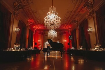 A grand piano stands elegantly in a large room adorned with chandeliers, A glamorous black-tie affair in a luxurious ballroom with crystal chandeliers