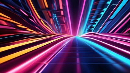 3D futuristic render of neon waves in dark purple, red and golden tones. Wallpaper header for business technology presentation concept.
