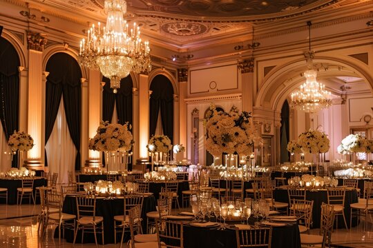 Luxurious setting with chandeliers illuminating tables and chairs in a glamorous ballroom, A glamorous black-tie affair in a luxurious ballroom with crystal chandeliers