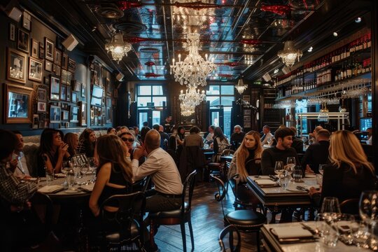 Group of people networking and dining at tables in a glamorous restaurant setting, A glamorous restaurant filled with networking professionals - Powered by Adobe