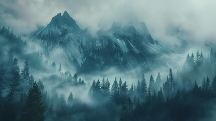 Fantasy landscape with mountains and forest in fog. Digital painting. created with generative AI technology. hyper realistic 