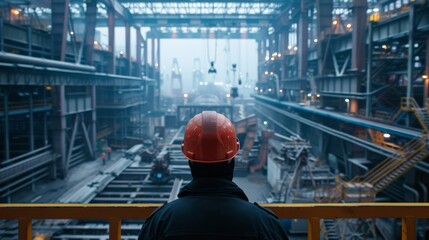 A worker in a hard hat looking out over a steel mill.