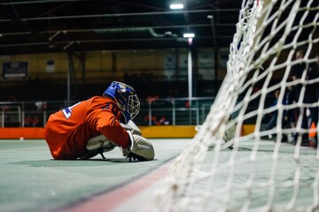 A goalie in position, ready to defend the net on their knees, A goalie preparing to make a save