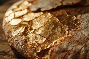 Detailed close up of a piece of bread with a golden crust on a table, A golden crust that crackles with each bite
