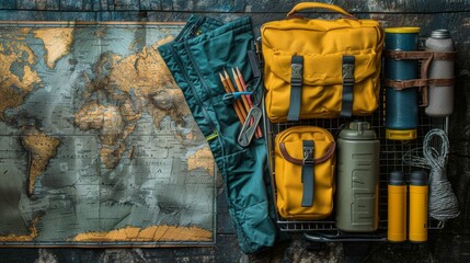 A shopping cart packed with colorful travel accessories and luggage, isolated on a world map background, symbolizing adventure and exploration.