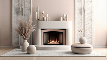 modern interior design with a fireplace on a pink wall background mock up, in the style of minimalist style. 