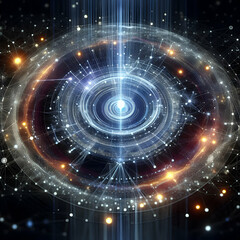 Obraz premium Hyper realistic Space Encryption Concept Encrypted messages hidden within the patterns of stars with,Hyper realistic Cosmic Code Concept Programming code overlaying a deep space image with digital ba 