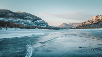 River running near mountains in a frozen lake